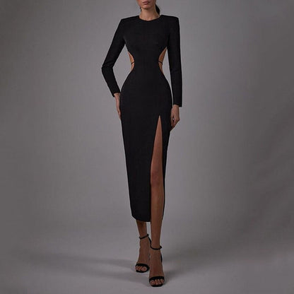 Sexy Backless Full Sleeve Maxi Dresses for Women Elegant Fashion Bandage High Split O Neck Bodycon Club Party Long Dress Clothes