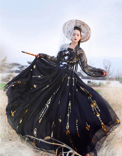 Solredo Chinese Ancient Costumes Traditional Hanfu Women's Folk Dance Clothes Retro Girl Cosplay Fairy Princess Black Dresses