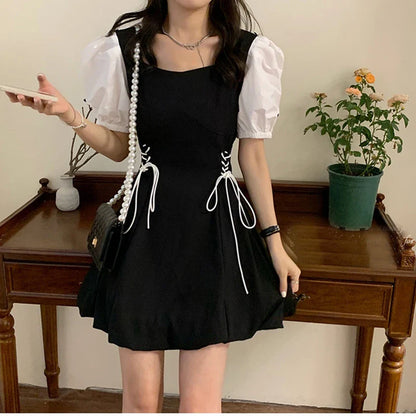 vmtvr Puff Sleeves Women Dress French Patchwork Hepburn Style Mini Dress Y2K Female Fashion Elegant Party Dresses Summer New