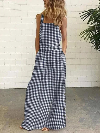 vmtvr  -  New Female Stylish Selection Plaid A-line Dress Summer Sleeveless Loose Buttoned Spaghetti-Neck Casual Maxi Dresses