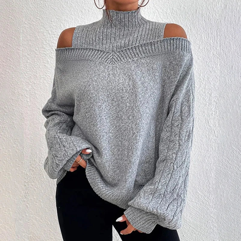 vmtvr Women Long Sleeve Mock Neck Sweaters Autumn WInter Off Shoulder Knitted Pullovers Ladies Casual Loose Sweaters Jersey Mujer