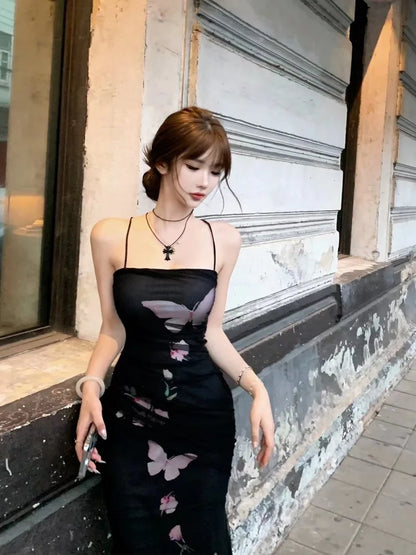 Sexy Backless Bodycon Printed Mesh Long Dresses for Women 2024 Summer New Korean Elegant Fashion Evening Party Female Clothing