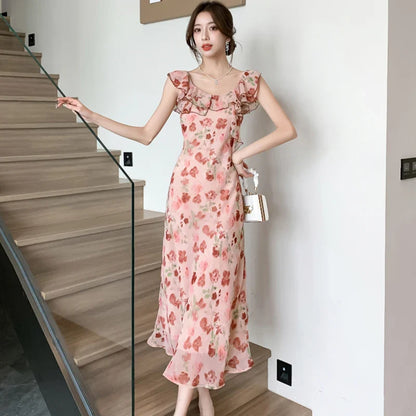 vmtvr Korean Fashion Floral Chiffon Ruffled Sling Long Dress Women Summer Elegant Casual Holiday Beach Dress 2024 Chic Luxury Vestidos