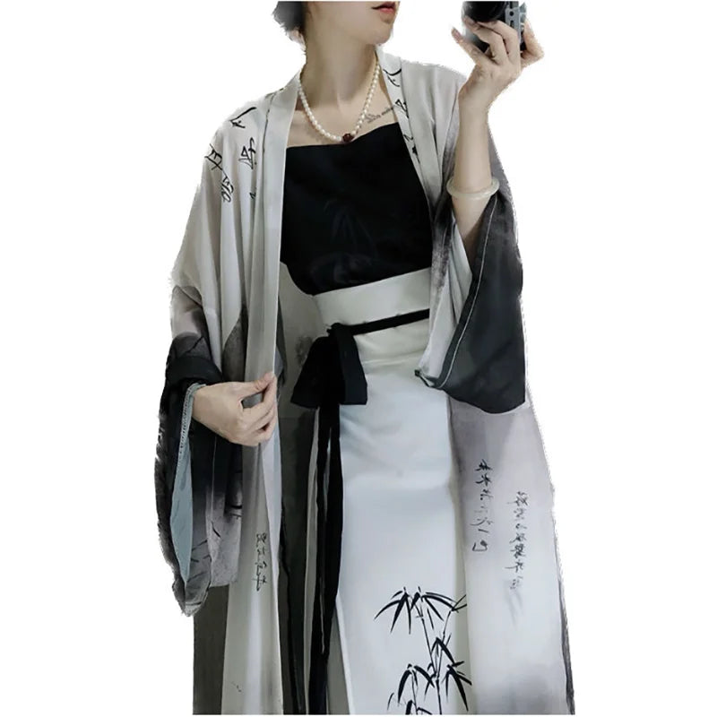 Summer Chinese Hanfu Dress 3pcs Improved Modern Style Traditional Bamboo Printed Cardigan Coat+Top+Skirt 3pcs Sets Hanfu Female