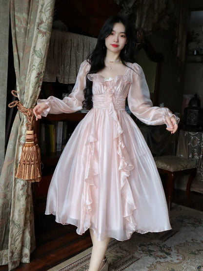 2024 Autumn Vintage Party Midi Dress Women Pink Fairy Korean Style Sweet Dress Female Bubble Sleeve Elegant Evening Party Dress