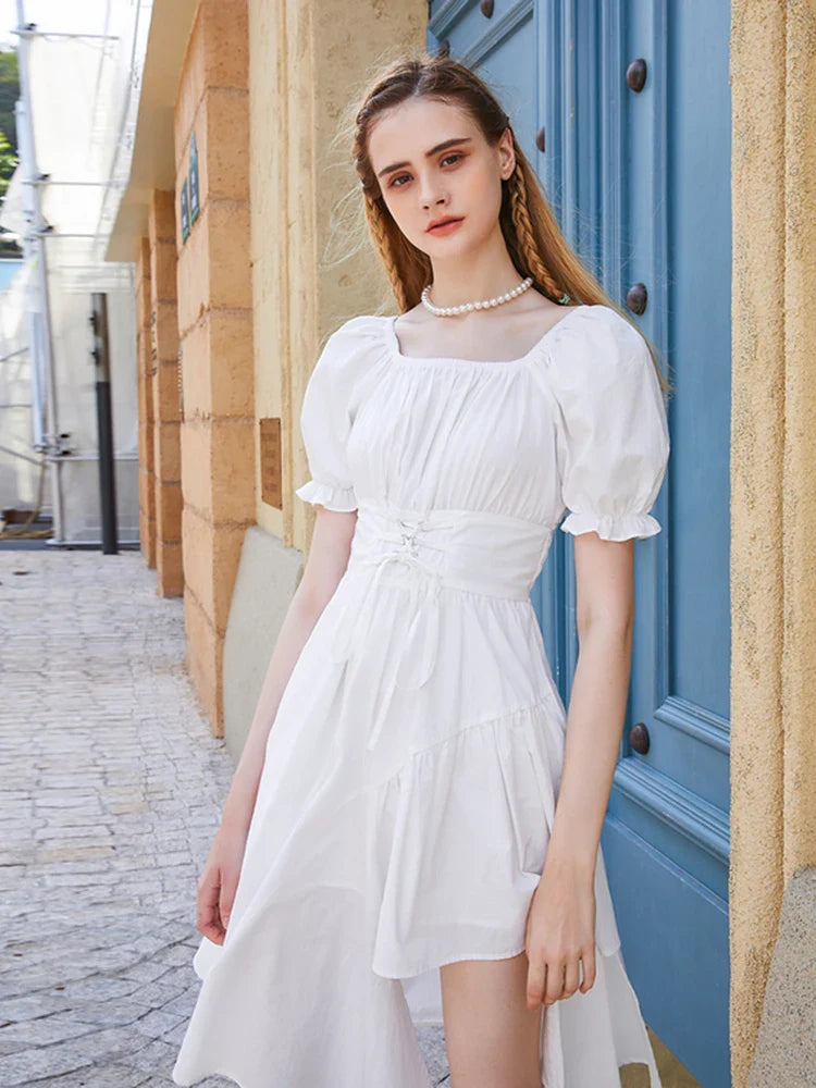 vmtvr White Women Dress Summer Irregular Puff Sleeve Party Dress High Waist Designed Bandage Square Collar Black Vestdios New