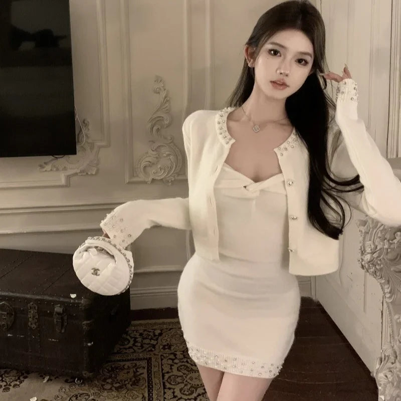 vmtvr Winter Elegant Knitted Suit Women Designer Beading Knitted Cardigan + Mini Sweater Dress Two Piece Set Female Luxury Outfit