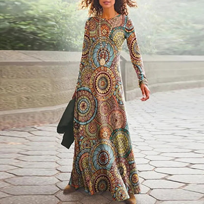 vmtvr  Spring Geometric Print Long Party Dress Women Elegant O Neck Office Maxi Dress Autumn Long Sleeve Hem Boho Lady Dress Mujer