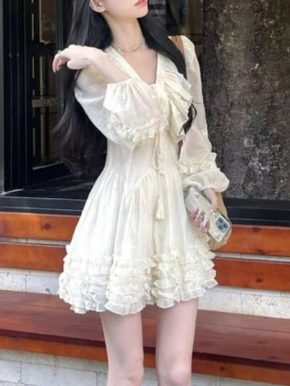 vmtvr Sweet Ruffle Fairy Mini Dress Women Sexy V-neck Korean Style Princess Dress Autumn Design Elegant Women's Dresses for Party