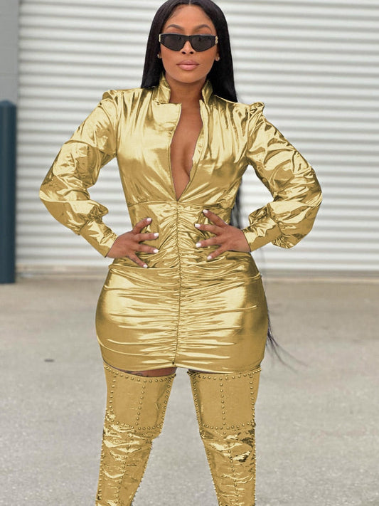 vmtvr - Hot Womens Shiny Golden Metallic Pleated Mini Dress New Autumn Long Sleeve Evening Party Club Clothes Festival Outfits