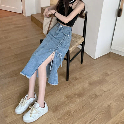 vmtvr Y2K High Waist Women Jeans Skirts Korean Fashion Bandage Female Tassel Midi Skirts Summer Casual Streetwear A Line Skirts