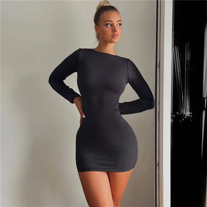 Autumn Fashion Sexy Open Back Solid Slinky Mini Dress Club Party Outfits Long Sleeve Round Neck Bodycon Dresses