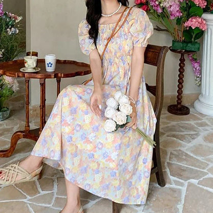 Vintage Puff Short Sleeve Flower Print Dress  Summer Elastic Waist Square Collar Dress French Loose Folds Floral Dress 27250