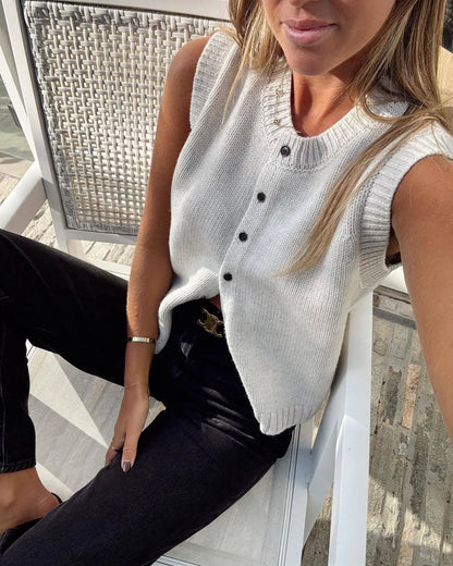 vmtvr Summer Knitted Cardigans Women Elegant Fashion Button Sleeveless Tops Solid Basic Casual Loose Vacation Holiday Vests 2024 Gray