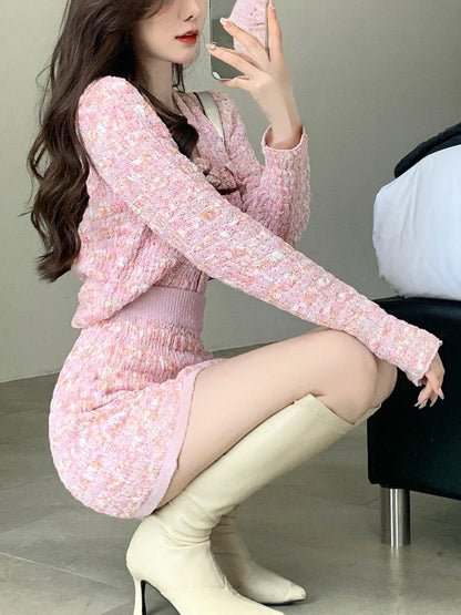 vmtvr Two Piece Dress Set Sweet Cardigan Sweater + Slim Skirt Pink Elegant Y2k Mini Dress Autumn Office Lady Casual Knitted Suits