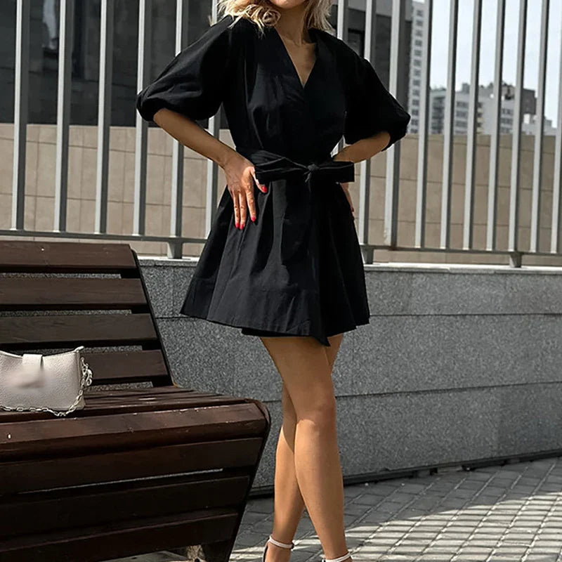 vmtvr 2024 Spring Sexy V-neck Lace-up A-Line Dress Women Casual Puff 3/4 Sleeve Solid Mini Dress Summer Elegant Pleated Party Dresses