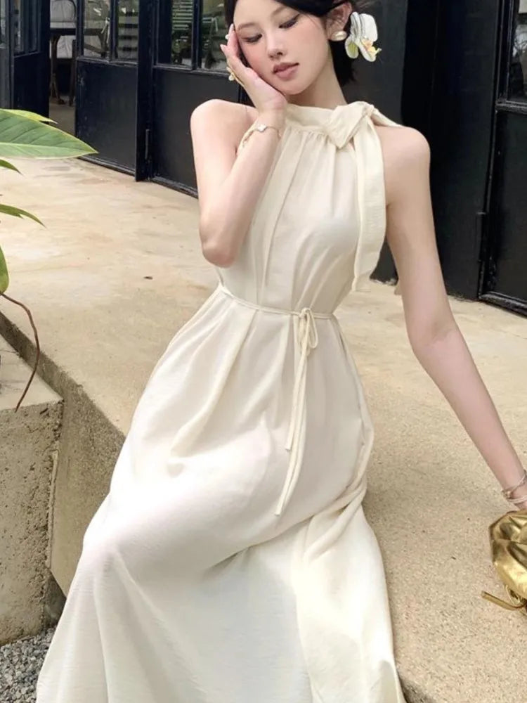 vmtvr French Elegant Halter Sleeveless Long Dresses for Women Solid Summer New Holiday Style A-line Evening Dress Prom Robe Vestido