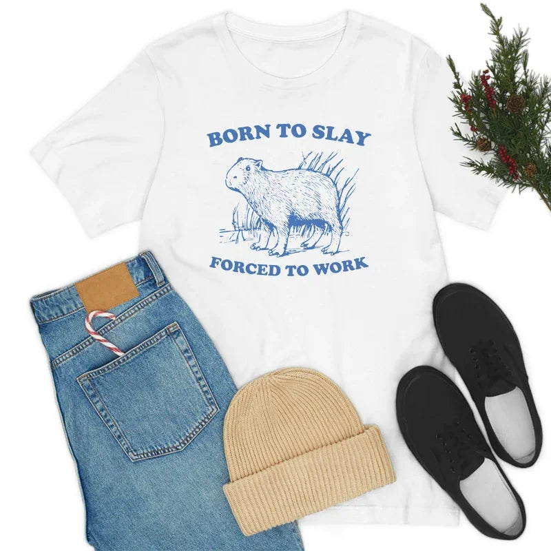 Born to Slay Funny Meme T-Shirts for Women Sassy Cute Cartoon Animal Printed Graphic Tees Sarcastic Lazy T Shirt Vintage Tops