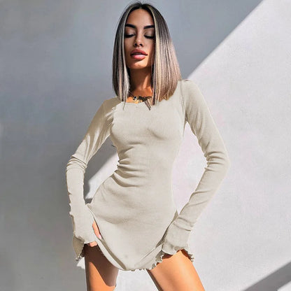 Solid Knitted Mini Dress for Women Elegant Outfits Fall Long Sleeve Bandage A-Line Vestido Plunge Dresses Clothes