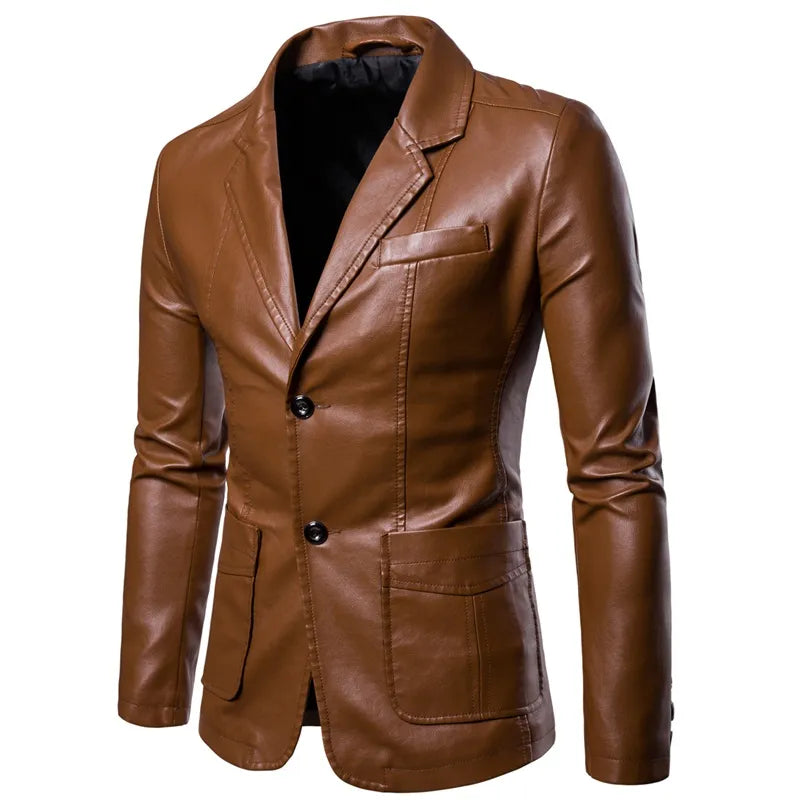 jiaabc Spring Autumn Fashion New Men's Lapel Leather Dress Suit Coat / Male Business Casual Pu Blazers Jacket