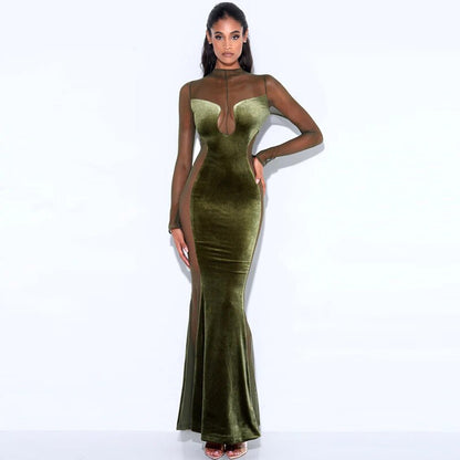 vmtvr - Elegant See Through Patchwork Maxi Dress for Women Gown Full Sleeve Fashion Zipper Velvet Bodycon Long Dresses Vestido