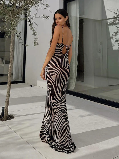 vmtvr Zebra Print Maxi Dress Women Fashion Sheer Chiffon Holidays Beach Dress Summer Elegant Sexy Front Cowl Backless Party Dress 2024