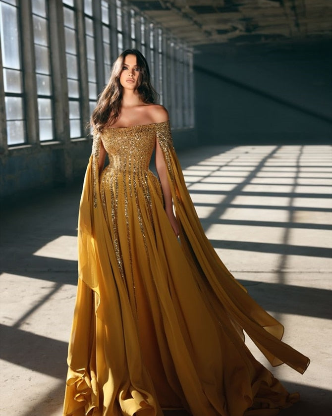 vmtvr Elegant Ginger Yellow Sequined A-line Chiffon Evening Dresses With Long Split Batwing Sleeve Boat Neck Long Evening Gowns