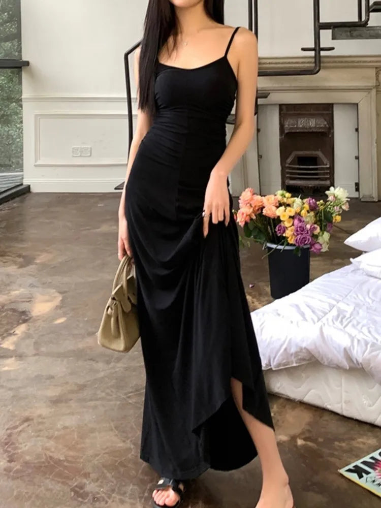 vmtvr Spaghetti Strap Elegant Bodycon Midi Black Long Dress Women Sleeveless Vintage Slim Fashion Summer Robe Female Party Vestidos