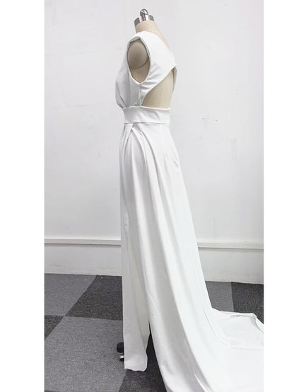 vmtvr Elegant Casual Women's Dresses Sexy V-neck Side Slit Backless White Long Skirt Wedding Banquet Bridesmaid Dress Evening Gown