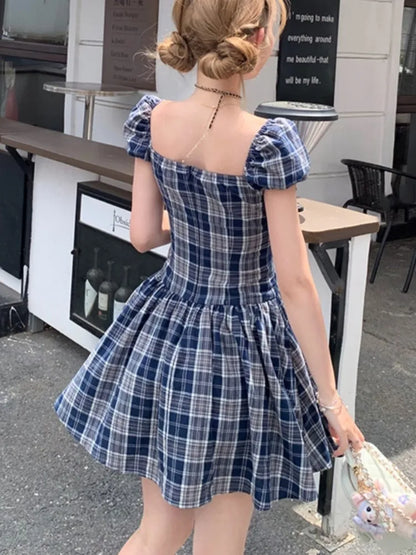 vmtvr  -  Y2K Plaid Short Dresses for Women Princess Birthday Party Dress Puff Sleeve Square Collar Bow Prom Summer Mini Vestidos Mujer