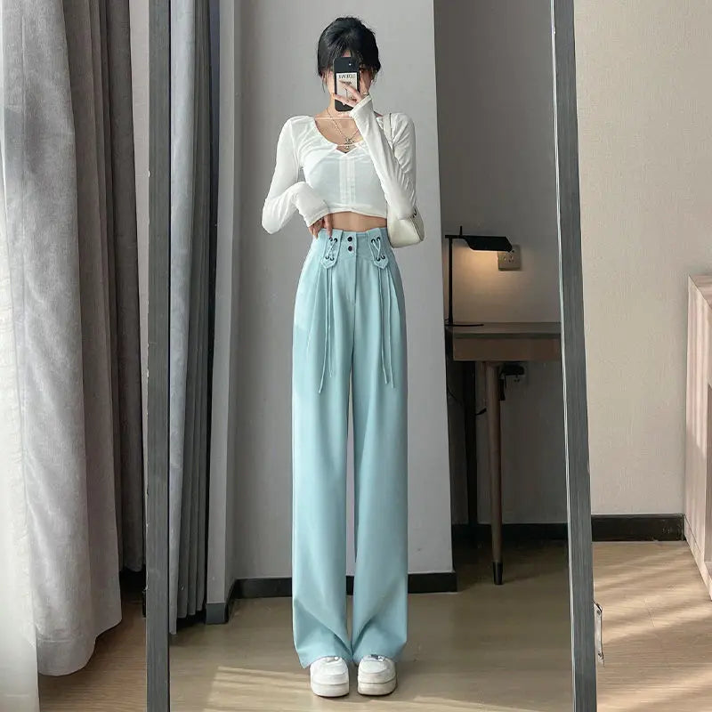 vmtvr Korean Simple Loose Woman Straight Casual Suit Pants Spring Summer New Solid Fashion Versatile High Waist Wide Leg Full Trousers