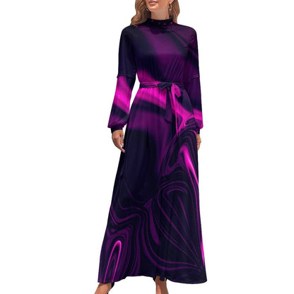 Marble Print Dress Watercolor Flow Abstract Aesthetic Bohemia Dresses Female Long Sleeve High Neck Sexy Long Maxi Dress