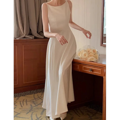 vmtvr Vintage Women Midi Dress For Wedding Summer Elegant Strap Lady Vestidos A-line Clothes French Party Slim Solid Female Robe