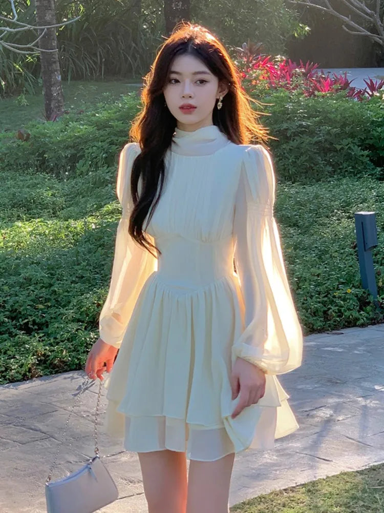 vmtvr French Elegant Slim Ruffle Dress Summer Women Graduation Evening Party Robe Female Bubble Sleeve Korean Chiffon Vestidos