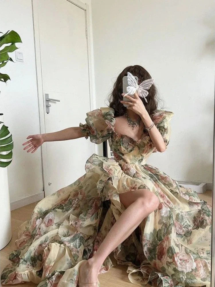 Floral Print Evening Party Dress Women 2024 Puff Sleeve Elegant Princess Long Dres Ladies France Vintage Open Fork Dress Summer