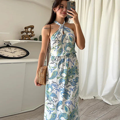 vmtvr Sexy Halter Elastic Waist Boho Long Dress Women Spring Pattern Print Side Slit Party Dress Summer Off Shoulder Hollow Maxi Dress