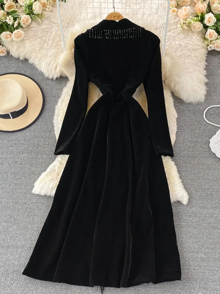 vmtvr  -  Sweet Style Women's Velvet Solid Color Tassel Patchwork Notched Solid Color High Waist Dress Autumn New Dresses SN3866