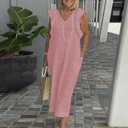 vmtvr  -  Elegant V-neck Cotton Linen Long Dress Women Casual Flying Sleeve Loose Party Dress Sexy Back Bandage Hollow Solid Maxi Dresses