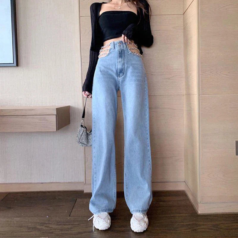 vmtvr Sexy Hollow Out Chain Streetwear Jeans for Women Summer High Waist Loose Harajuku Straight Denim Pants Fashion Korean Y2K Jeans