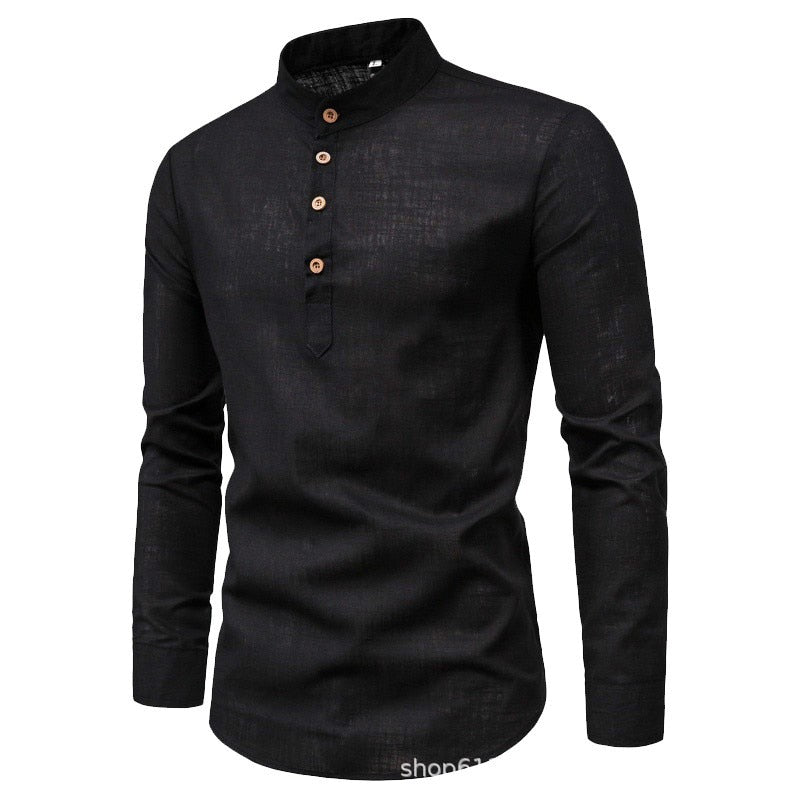 jiaabc Men's solid color casual slim fitting standing collar long sleeved business shirt shirt