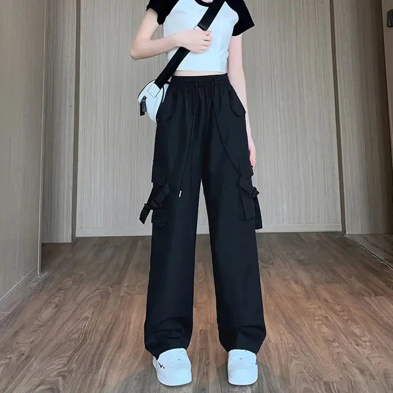 vmtvr Spicy Girls American Retro Casual Quick Drying Workwear Pants Women's Solid Summer High Waist Pocket Show Thin Straight Trousers