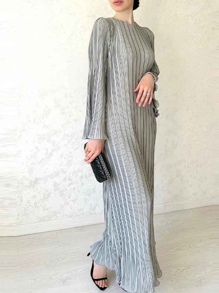 vmtvr  -  Elegant Pleated Maxi Dresses Women Fashion Belt Solid Flare Sleeve O-neck Dress Female Spring Summer Ruffles Robe Outwear