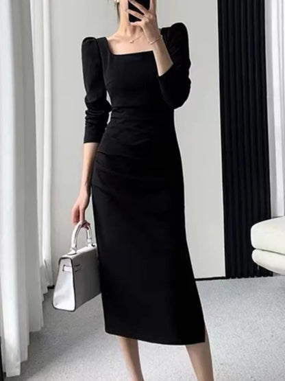 vmtvr Party Dresses Women Long Sleeve Streetwear French Style Dress Office Lady Solid Midi Zipper New Autumn Vestidos Female Mujers