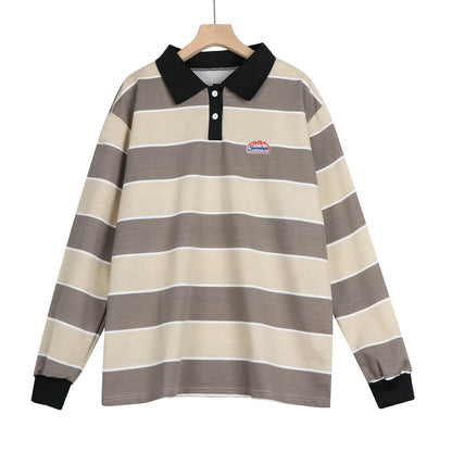 -Fall Outfits Long Sleeve Top -Striped POLO Shirt Top Women Japan Retro Long-sleeved Men Loose Trend Couple BF Lapel Sweatshirt Preppy Hip Hop Cool Shirts