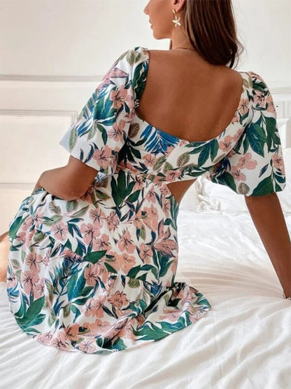 vmtvr Fashion Hollow Puff Sleeve Slim Party Dress Summer Picnic A-Line Casual Dress Women Elegant Square Neck Floral Print Mini Dress