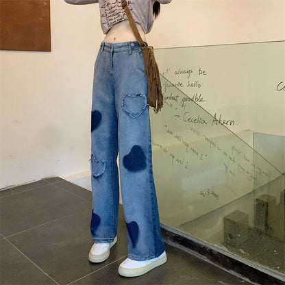 vmtvr High Waist Women Jeans Korean Fashion Love Print Loose Wide Leg Pants Summer Streetwear Female Straight Denim Trousers