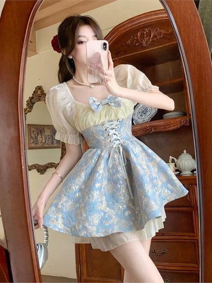 vmtvr 2024 Y2K Summer Japanese Lolita Women's Princess Dress Bandage Cosplay Costumes Bowknot Ribbon Square Collar Mini Dress Fashion