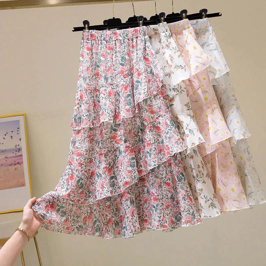 vmtvr Y2K Floral Women Chiffon Skirts Summer Casual All Match Female Ruffled Midi Skirt Korean Fashion High Waist A Line Skirts New