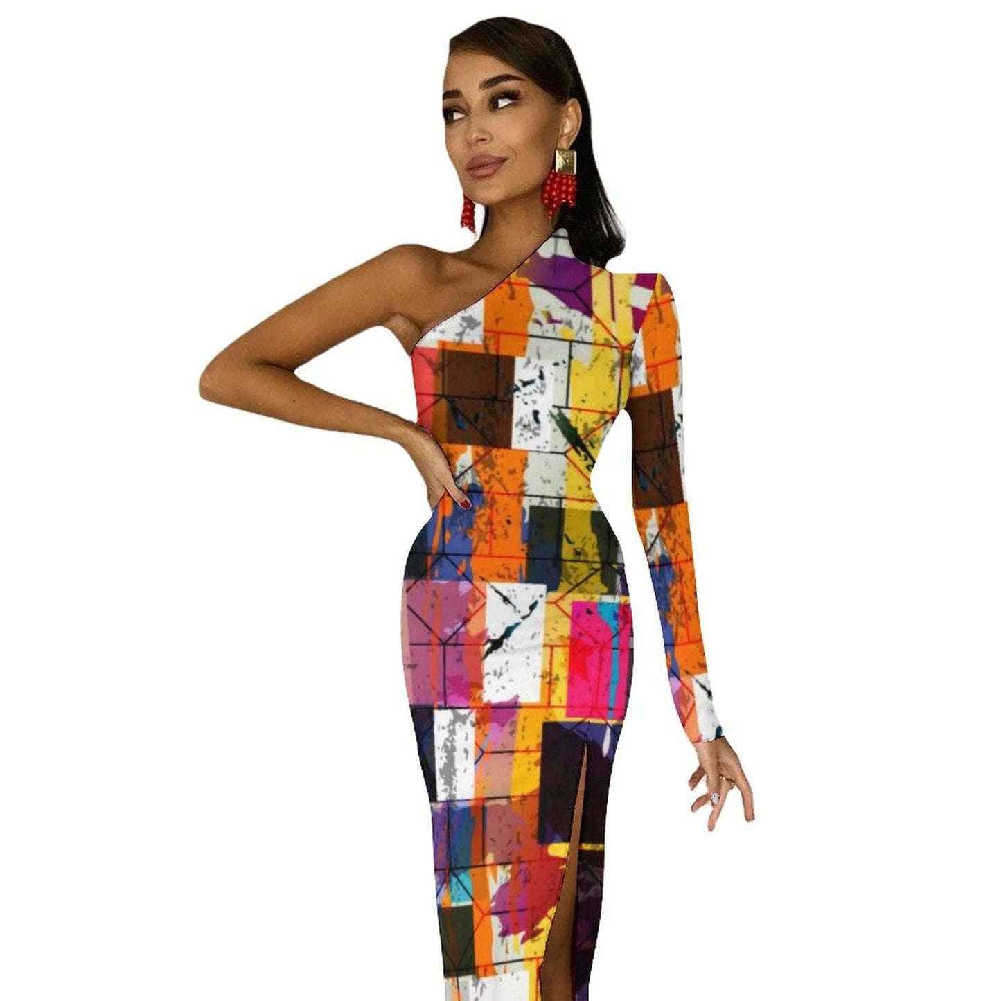 Rainbow Colors Maxi Dress Long Sleeve Colorful Aesthetic Cute Bodycon Dress High Slit Party Long Dresses Women Pattern Vestidos