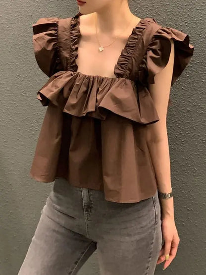 vmtvr Solid Color Tanks Korean Summer Niche All-Match Square Collar Irregular Design Loose Short Camisole Women Casual Vest